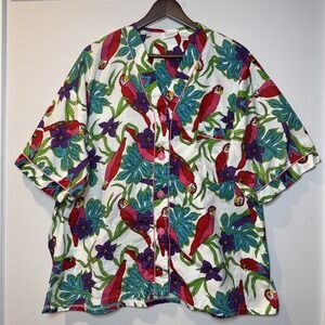 VTG Jennifer Dale Large Parrot Palm Flowers Piping Button Collarless V-Neck Sz L